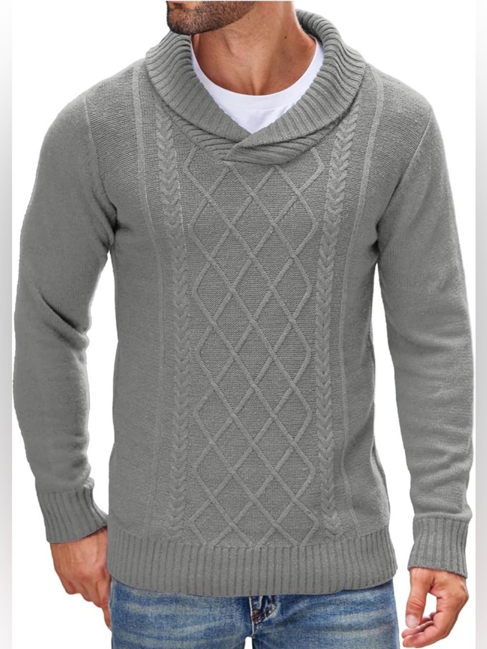 Men's Gray Cable-Knit Shawl Collar Sweater